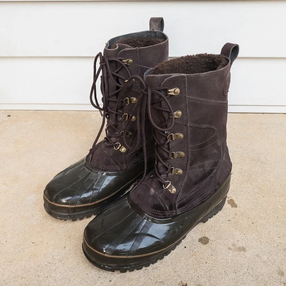 Lands' End Duck Boots Mens 8D Brown Suede Insulated Snow Winter Rubber Suede